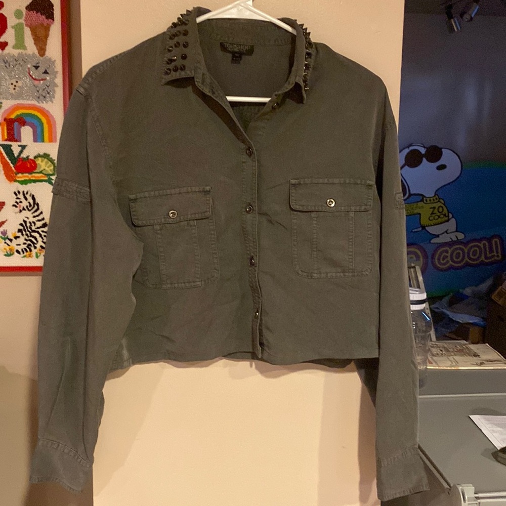 TopShop Army Green Moto Studded Collar Top